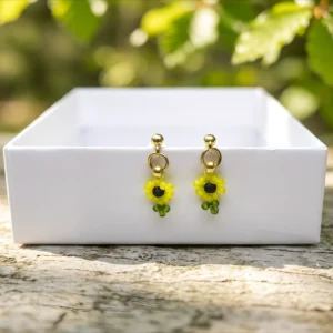 Puzetové náušnice - Slunečnice - PVD Gold, Miyuki & Ocel