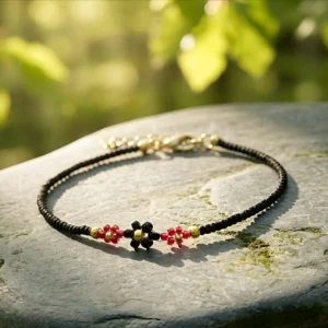 Náramek Bella Flora - Černá elegance a červené květy