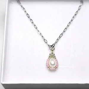 Náhrdelník Perlová kraslice růžová – Říční perla a ocel