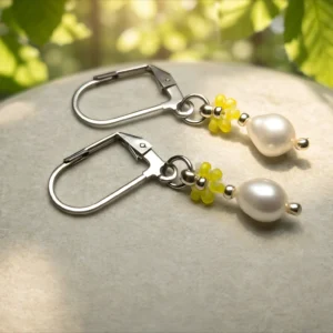 Visací náušnice Narcisky s říční perlou – Chirurgická ocel a Miyuki