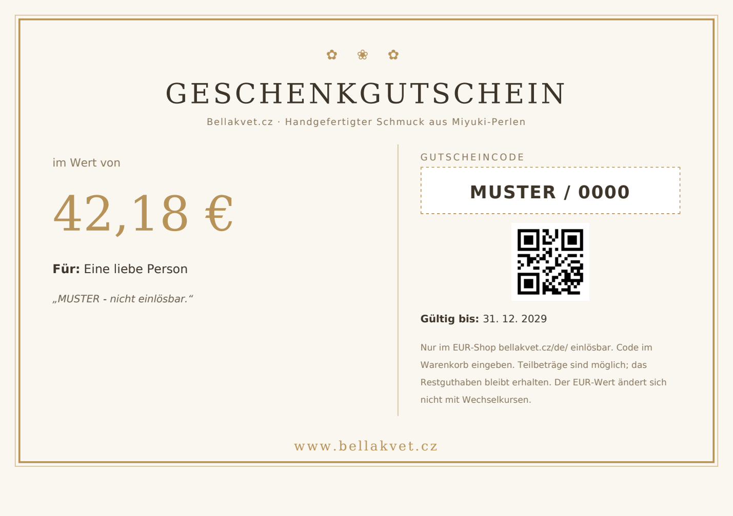 Muster eines Bellakvet E-Gutscheins über 42,18 EUR, gültig bis 31.12.2029. Muster nicht einlösbar.
