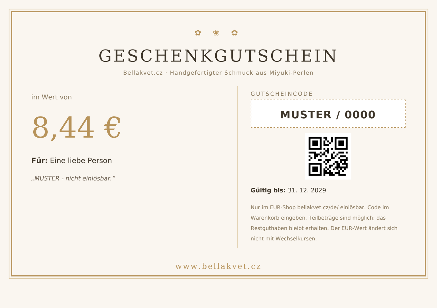 Muster eines Bellakvet E-Gutscheins über 8,44 EUR, gültig bis 31.12.2029. Muster nicht einlösbar.