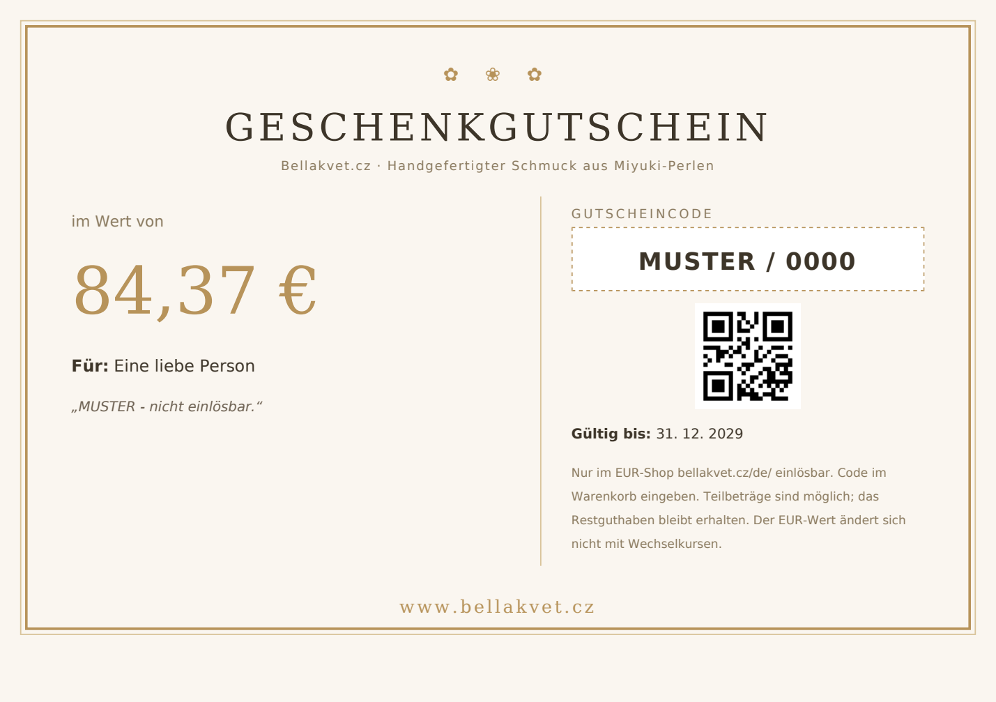 Muster eines Bellakvet E-Gutscheins über 84,37 EUR, gültig bis 31.12.2029. Muster nicht einlösbar.