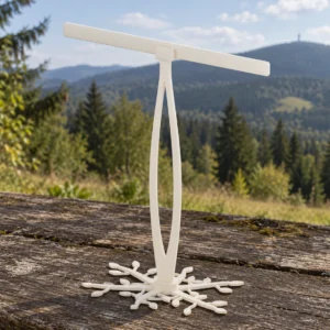 Listový stojánek na řetízky – krémový stojánek z PETG na dřevě v Beskydech, vizualizace skutečného 3D modelu